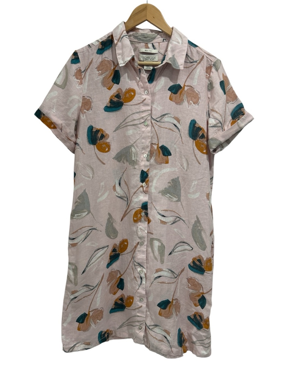 Rachel Zoe 100% Linen Floral Watercolor Button Front Shirt Dress Blush Pink - M